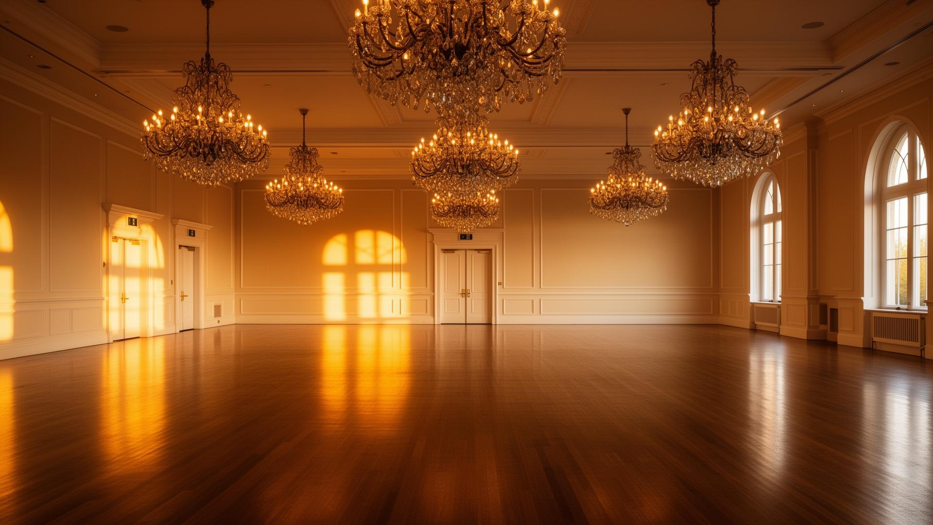 Empty grand ballroom interior at golden hour